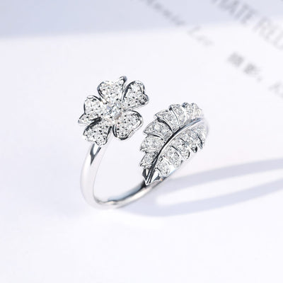 FLOWER & LEAF ZIRCONIA RING - (ADJUSTABLE)