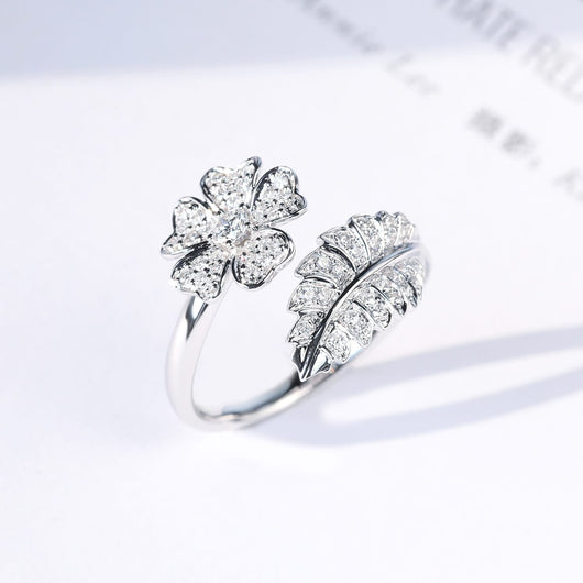 FLOWER & LEAF ZIRCONIA RING - (ADJUSTABLE)
