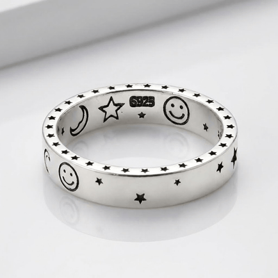 HAPPY MOON & STARS SILVER BAND RING - (ADJUSTABLE)