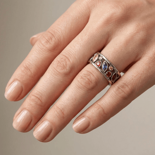 SILVER MULTI STONE RAINBOW RING