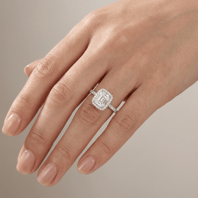EMERALD CUT ZIRCONIA SILVER HALO RING