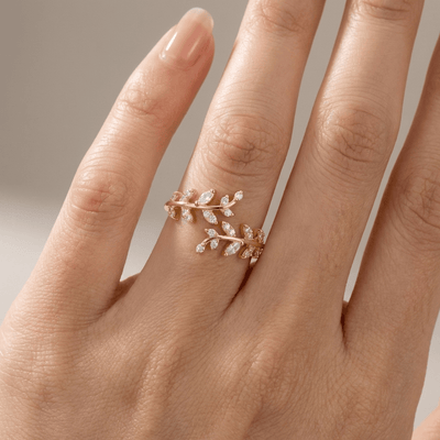 CRYSTAL LEAF VINE SILVER RING - (ADJUSTABLE)