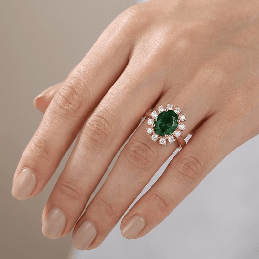 ROSE GOLD EMERALD DIAMOND HALO RING - (ADJUSTABLE)