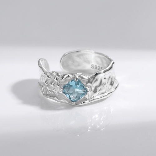 SILVER AQUAMARINE TEXTURED RING - (ADJUSTABLE)