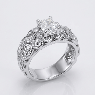 SILVER CUSHION DIAMOND CARVED RING
