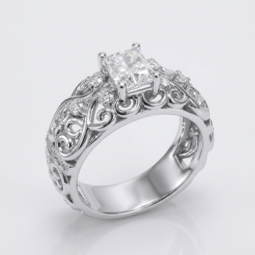 SILVER CUSHION DIAMOND CARVED RING