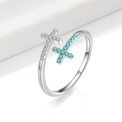 DOUBLE CROSS TURQUOISE & SILVER RING - (ADJUSTABLE)