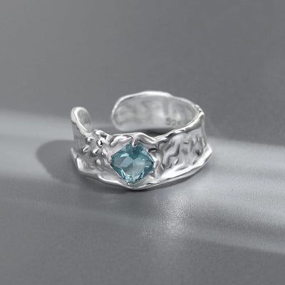 SILVER AQUAMARINE TEXTURED RING - (ADJUSTABLE)