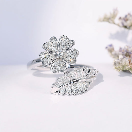 FLOWER & LEAF ZIRCONIA RING - (ADJUSTABLE)