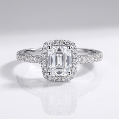 EMERALD CUT ZIRCONIA SILVER HALO RING