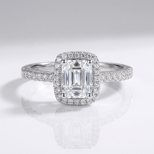 EMERALD CUT ZIRCONIA SILVER HALO RING