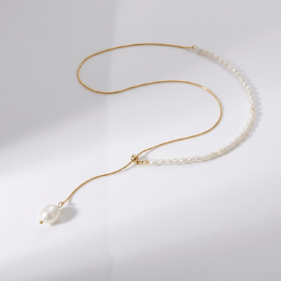GOLD PEARL BEADED LARIAT NECKLACE