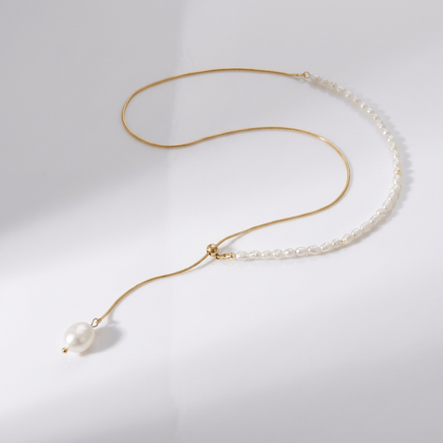 GOLD PEARL BEADED LARIAT NECKLACE