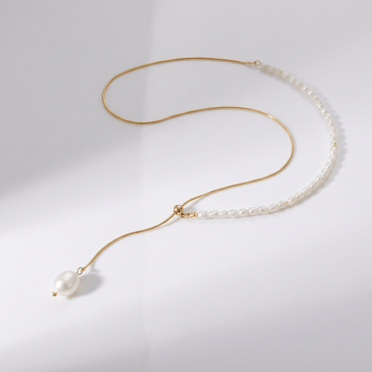 GOLD PEARL BEADED LARIAT NECKLACE