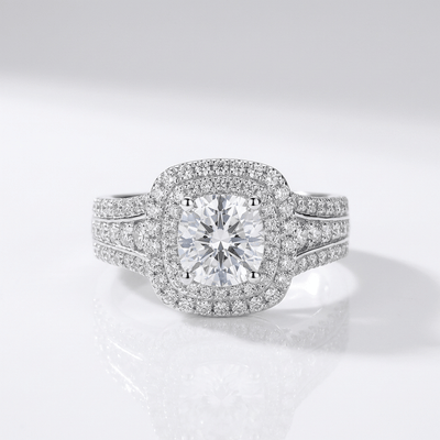 SILVER ROUND DIAMOND HALO RING